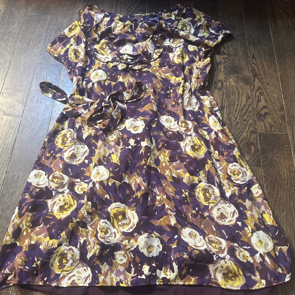 Lands End Dress Womens 8P Purple Yellow Gold Floral‎ Short Sleeve Ruffle Petite